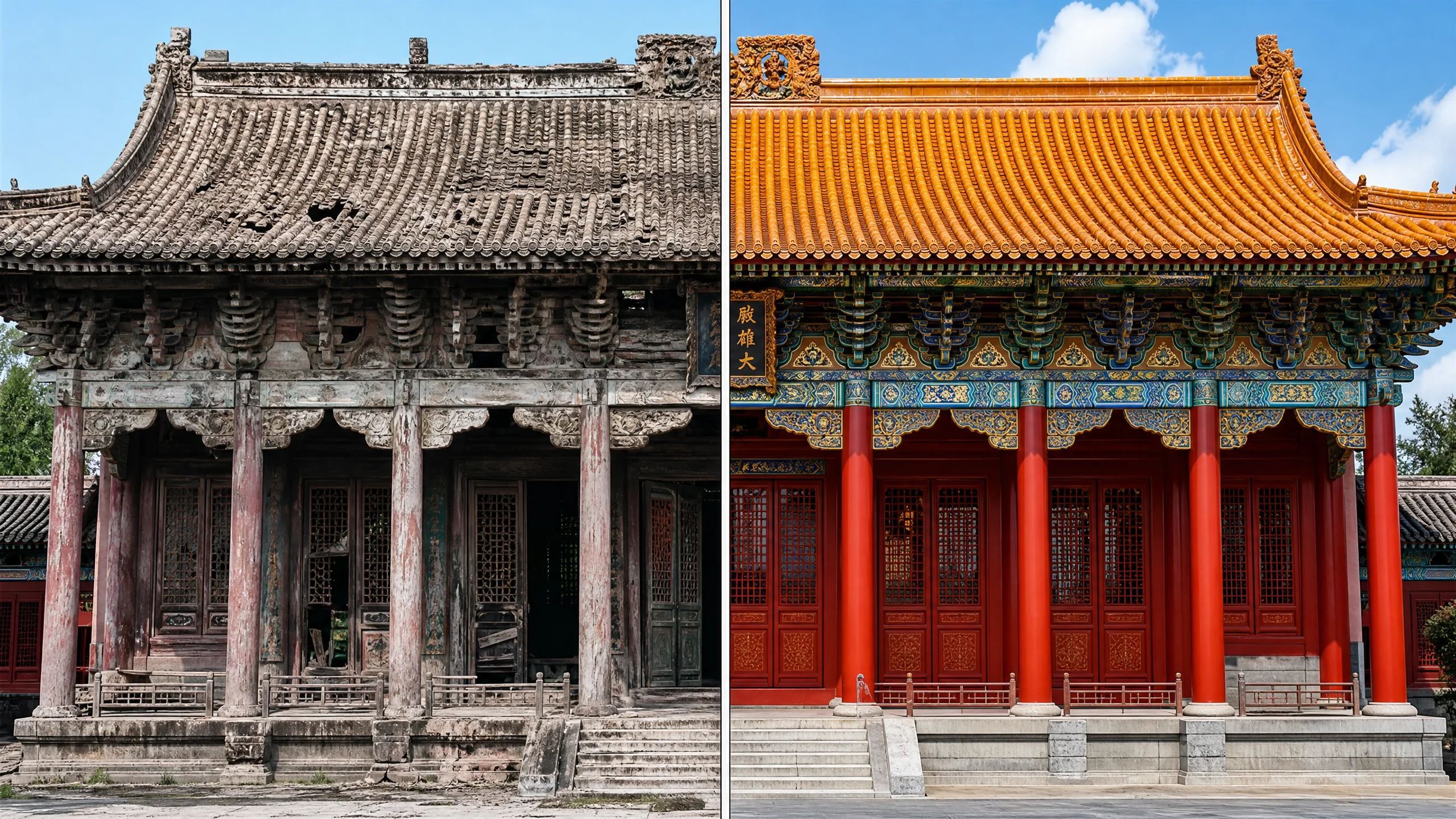 古建筑修复后的完整面貌，朱红立柱与金色琉‌璃瓦焕然一‍新