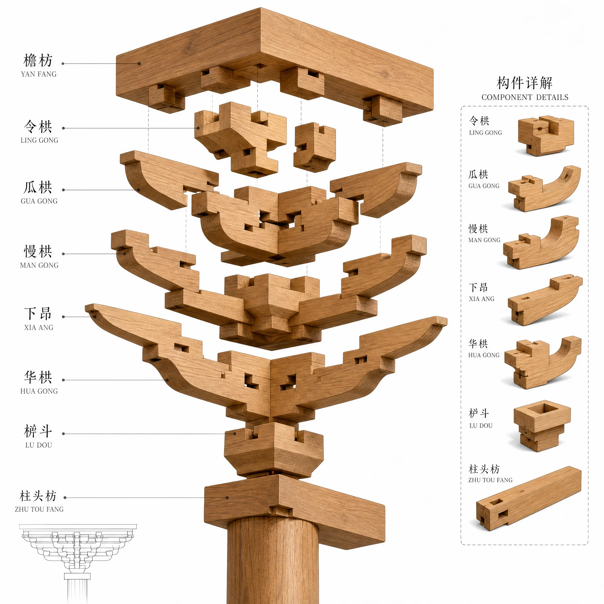 斗拱结构3D拆解示意图，展‍示各﻿层构件名称与组装关系