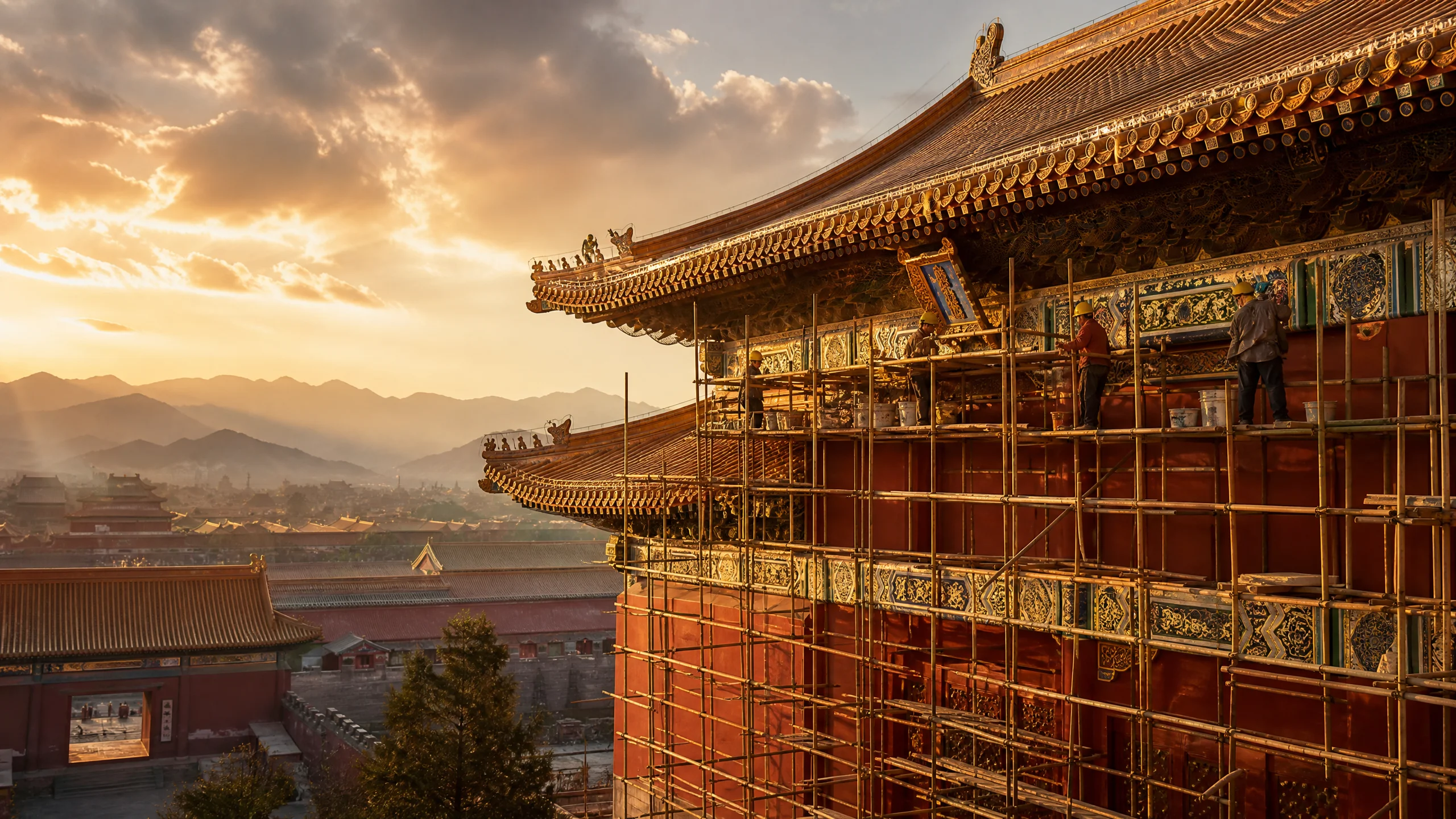 古建筑修复​工程现场，工匠在脚手架上精心修复传统彩画