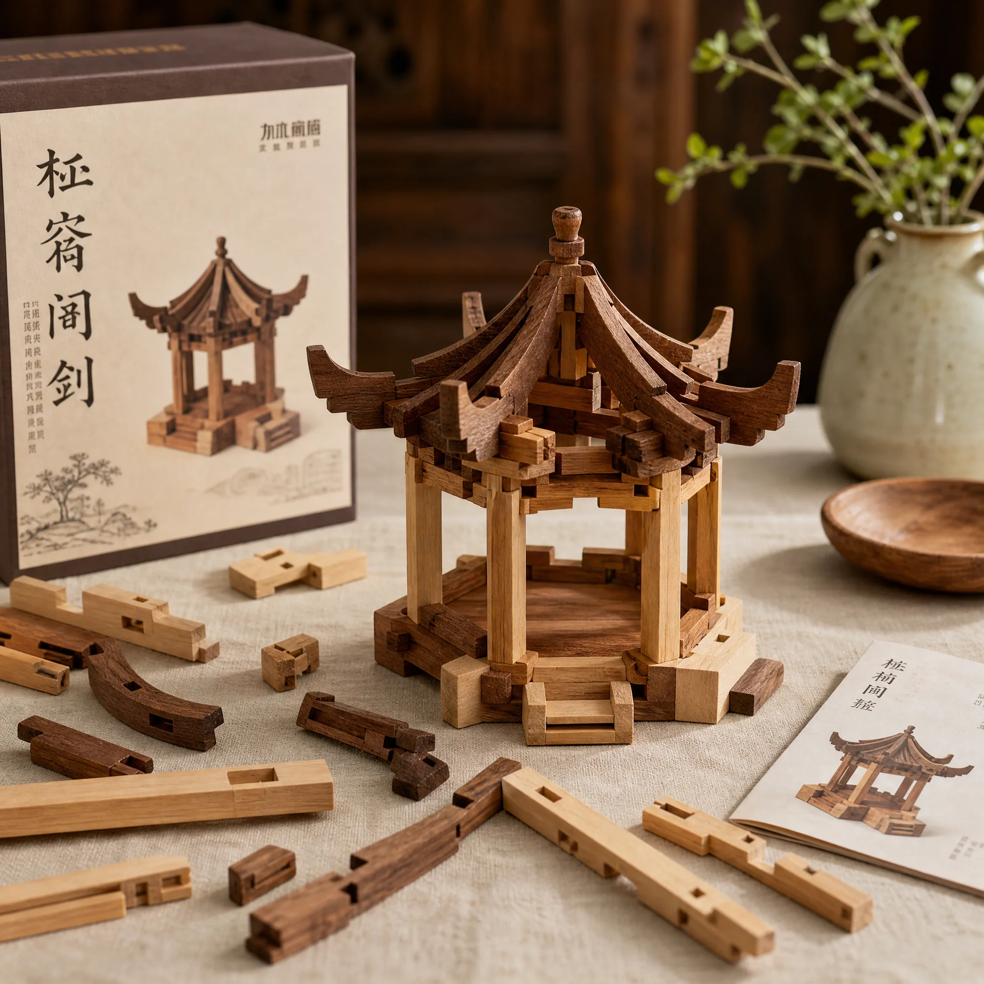 榫卯积木六角亭模型套﻿装，展示精﻿密的木构拼装